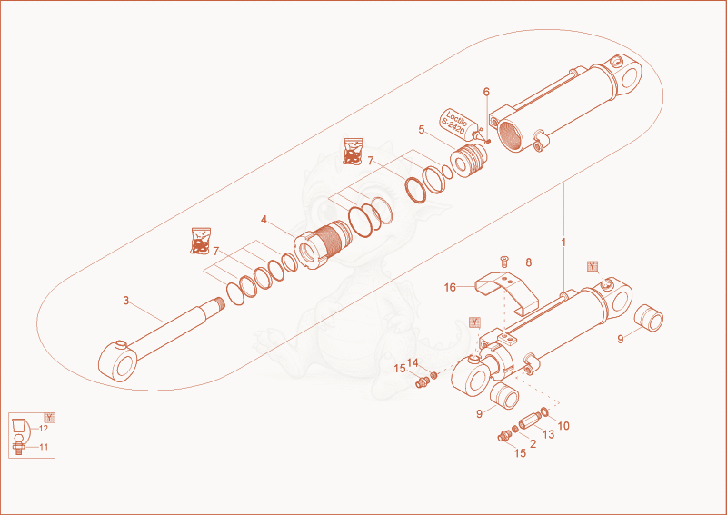 Despiece del blade cylinder de una máquina Wacker Neuson 2702RD, con globos numerados