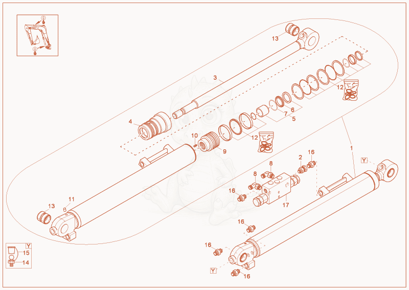 Exploded parts diagram of the dipper arm cylinder of a Wacker Neuson 2404, with numbered balloons