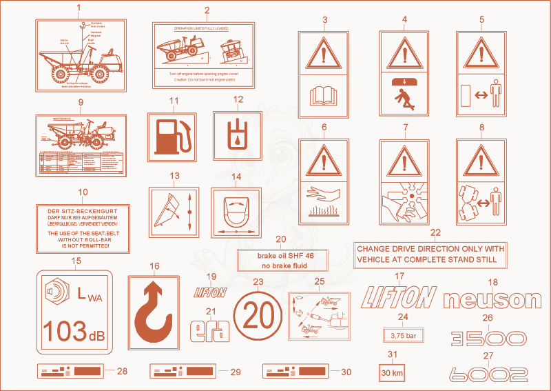 Exploded parts diagram of the sticker of a Wacker Neuson 3500/6002, with numbered balloons