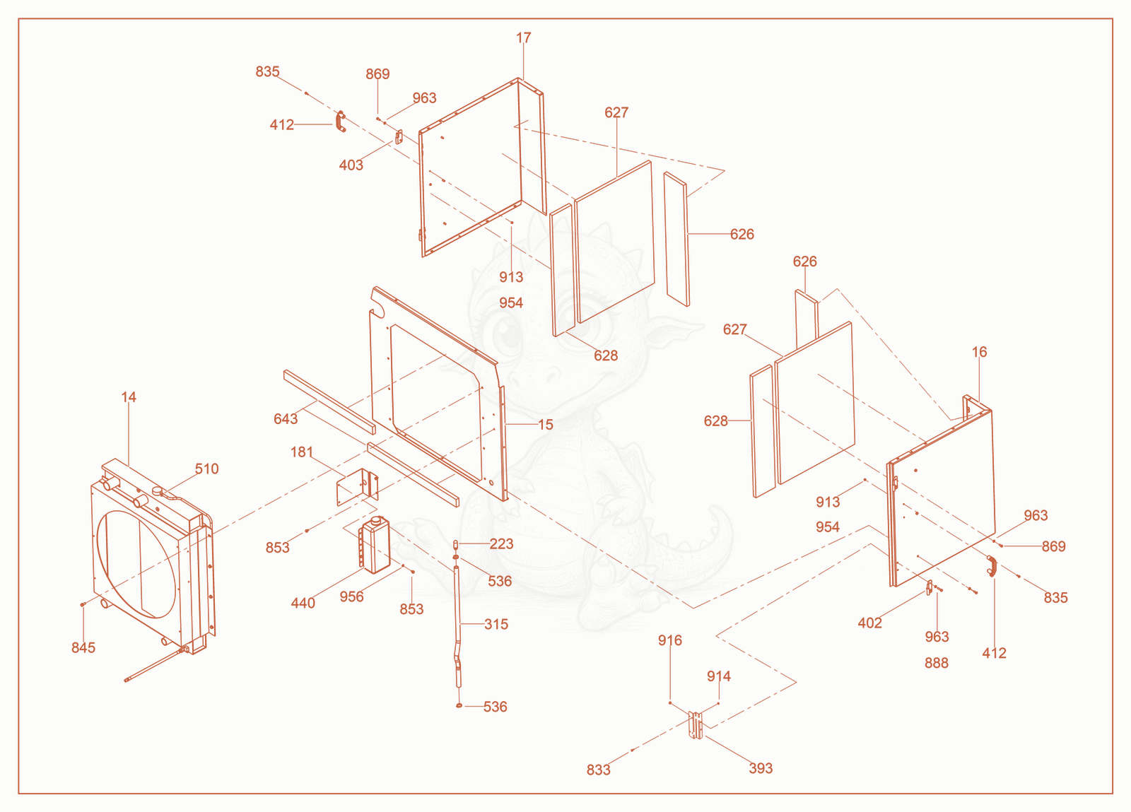 Exploded parts diagram of the Front Enclosure/Radiator of a Wacker Neuson G150, with numbered balloons