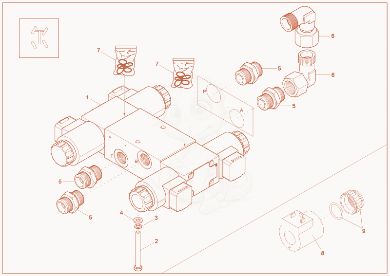 Exploded parts diagram of the steering mode valve of a Wacker Neuson 9503, with numbered balloons