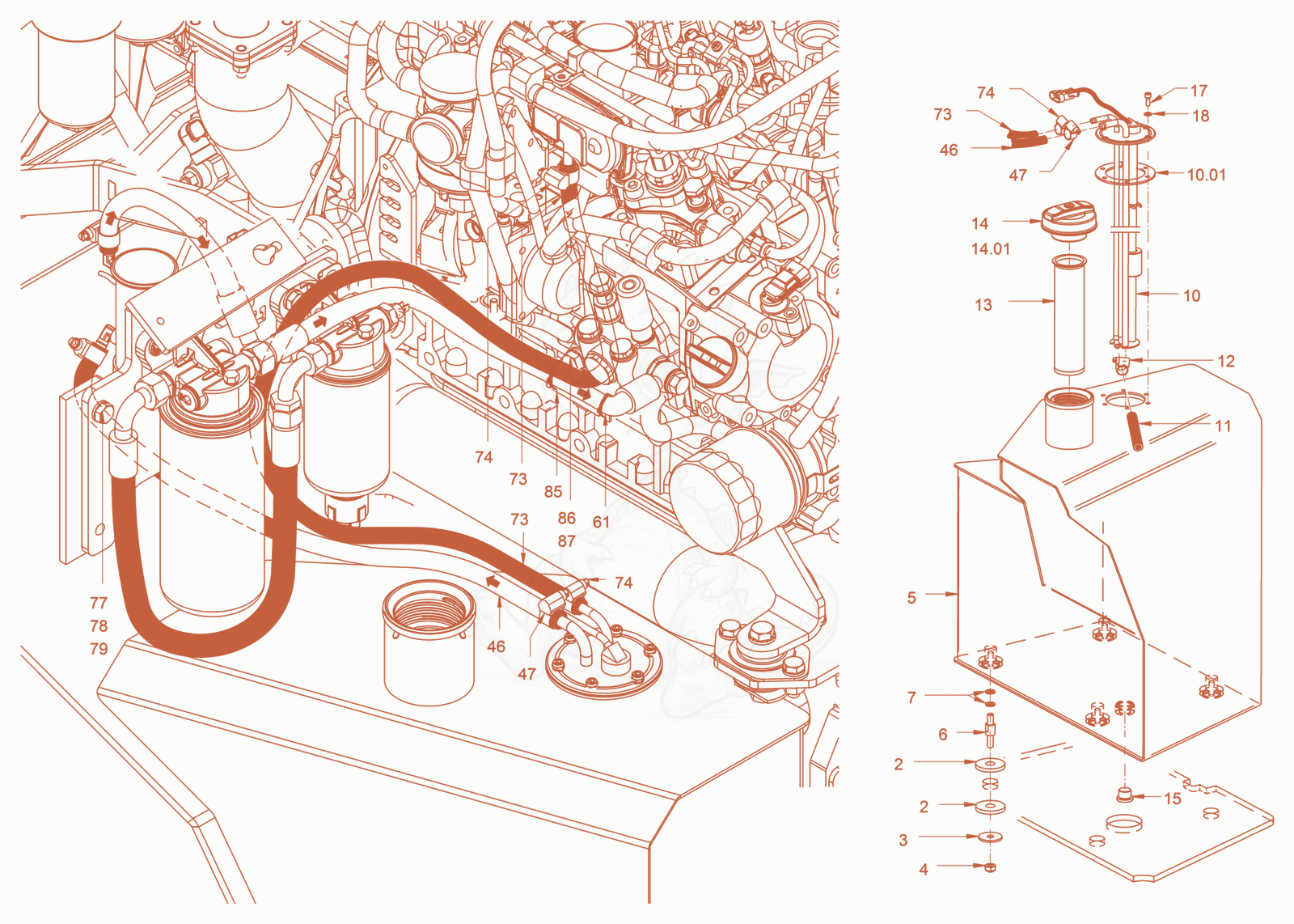 Exploded parts diagram of the fuel system of a Wacker Neuson RD45-140OUS, with numbered balloons
