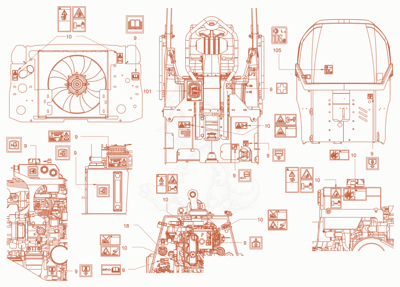 Exploded parts diagram of the sticker arrangement of a Wacker Neuson RD24-100C, with numbered balloons