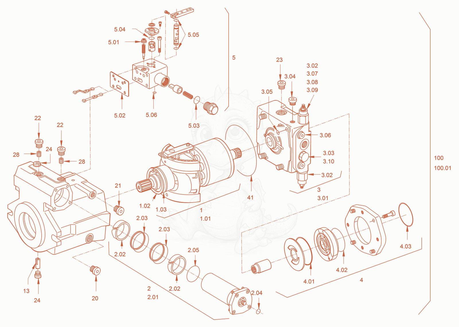 Exploded parts diagram of the driving gear (var. displ. pump-drive) of a Wacker Neuson RD24-100O, with numbered balloons
