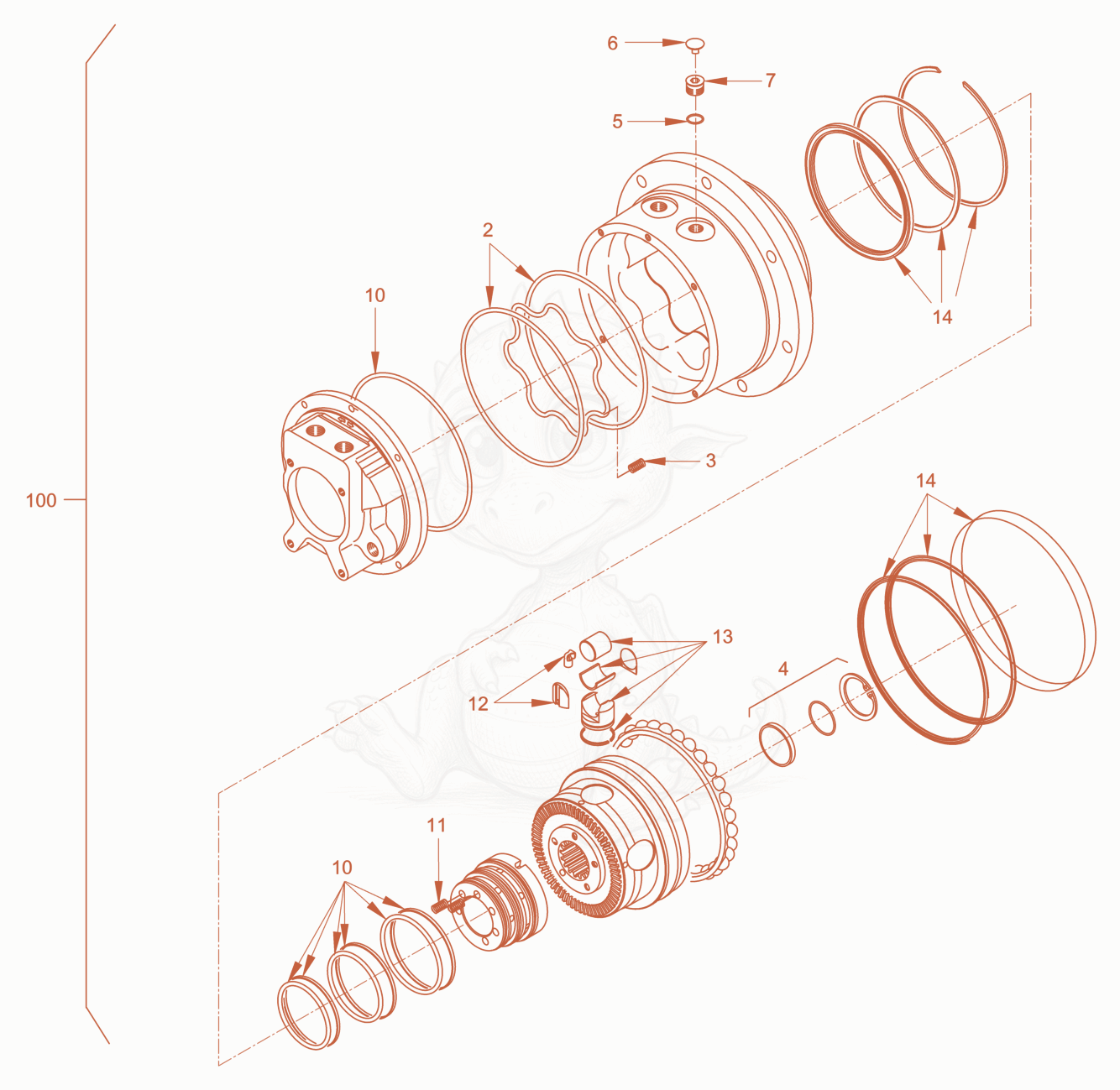 Exploded parts diagram of the gear hub motor of a Wacker Neuson RD40-130CDPF, with numbered balloons