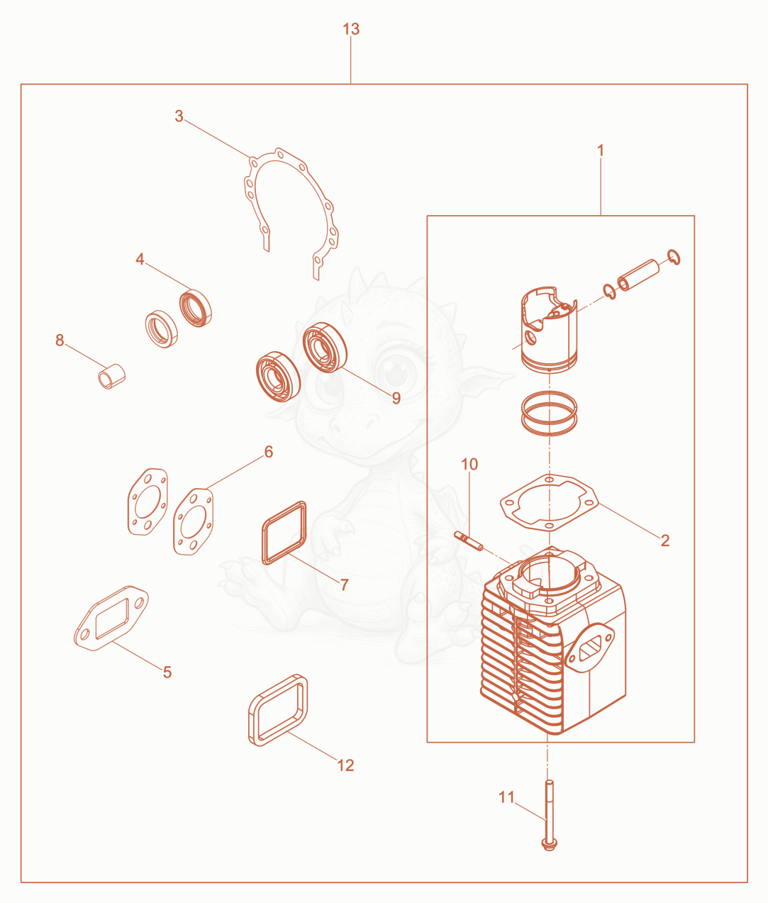 Exploded parts diagram of the Repair kit WM80 (c) CatCylinder with piston of a Wacker Neuson BS62-2LB/16SUNBELT, with numbered balloons