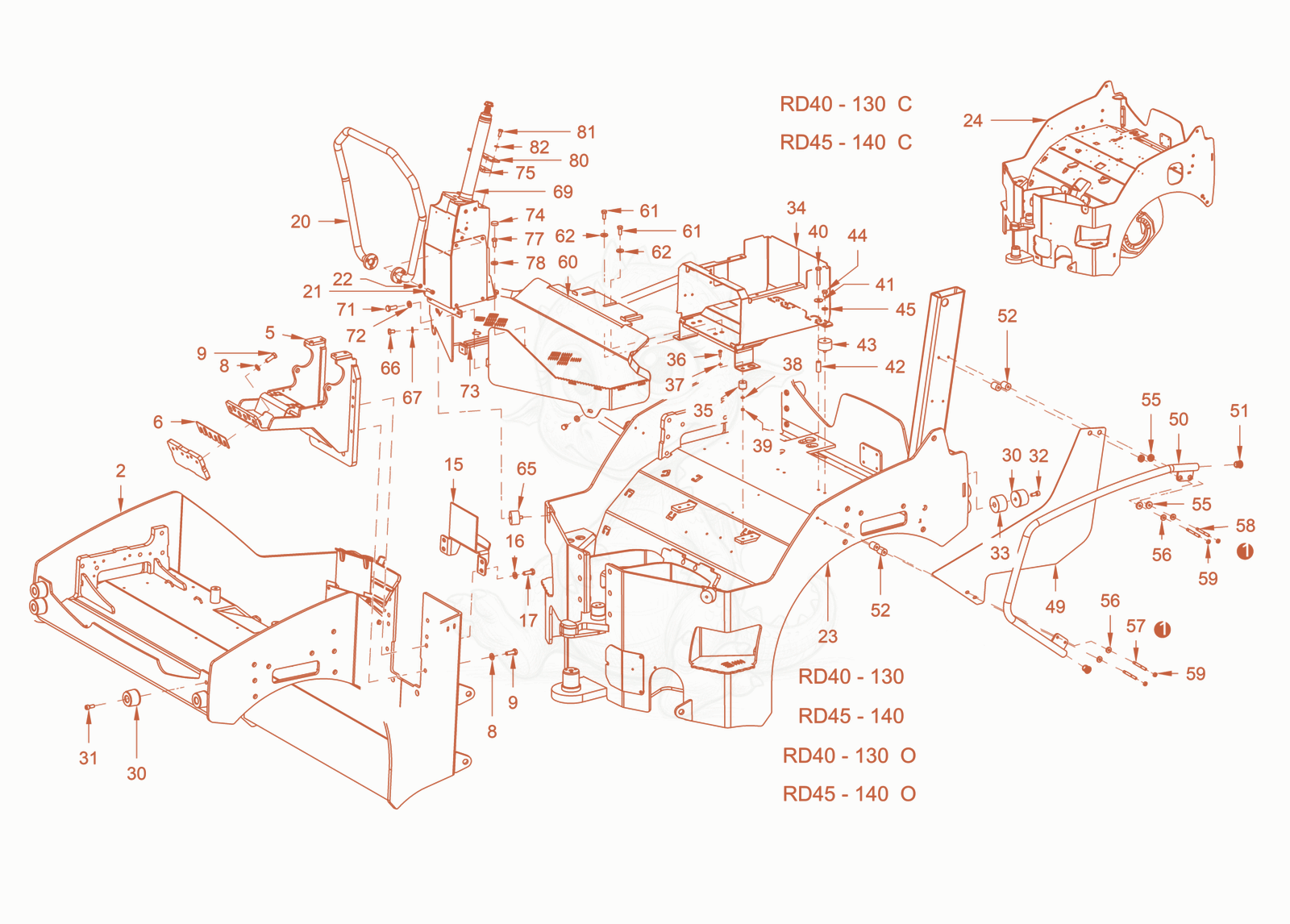 Exploded parts diagram of the main frame and assemblies of a Wacker Neuson RD40-130.3, with numbered balloons