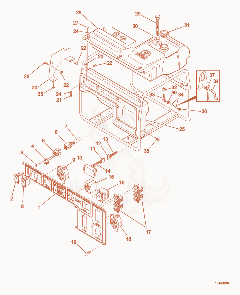 Exploded parts diagram of the Control Box/Fuel Tank cpl. of a Wacker Neuson GS5.6A, with numbered balloons