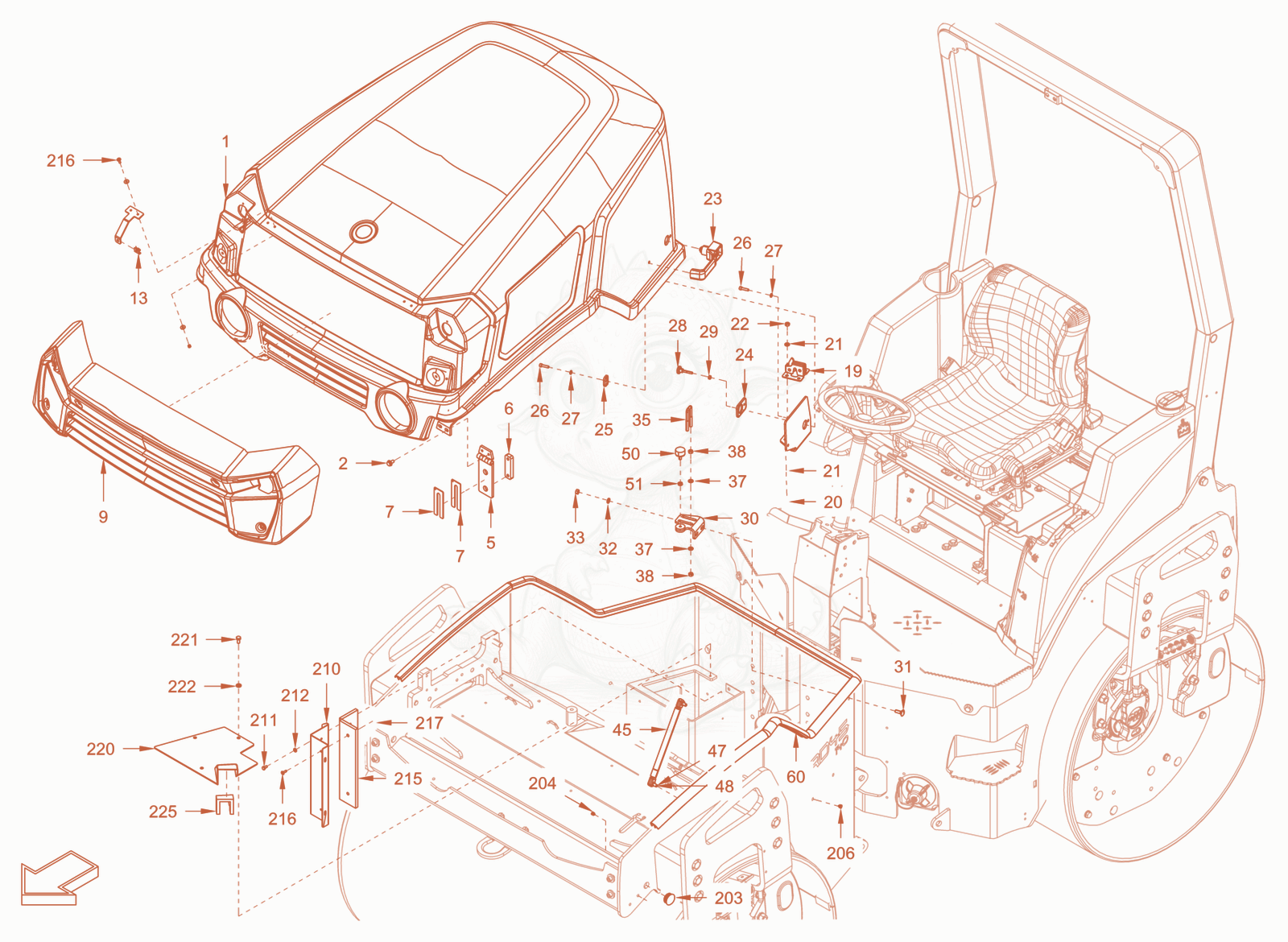 Exploded parts diagram of the canopies and covers of a Wacker Neuson RD40-130DPF, with numbered balloons