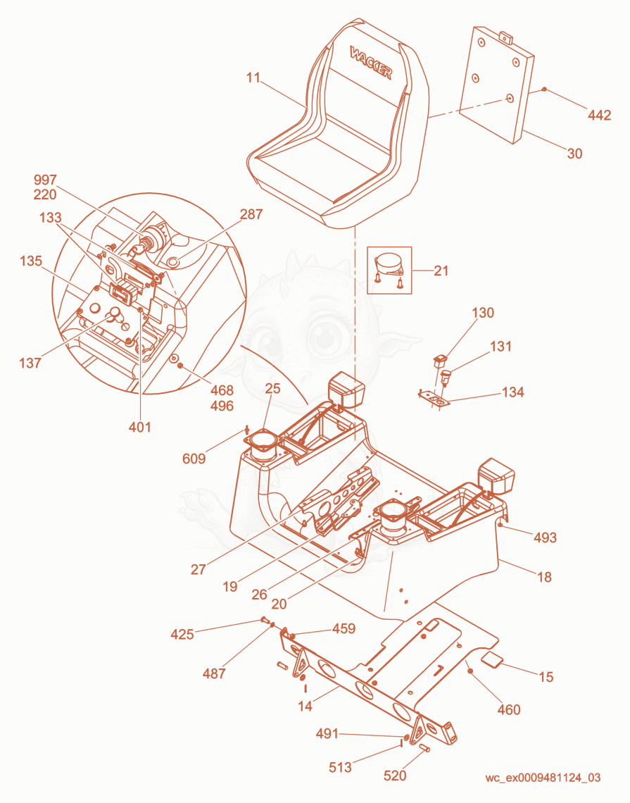 Exploded parts diagram of the Seat Assembly of a Wacker Neuson CRT48-31V-H, with numbered balloons