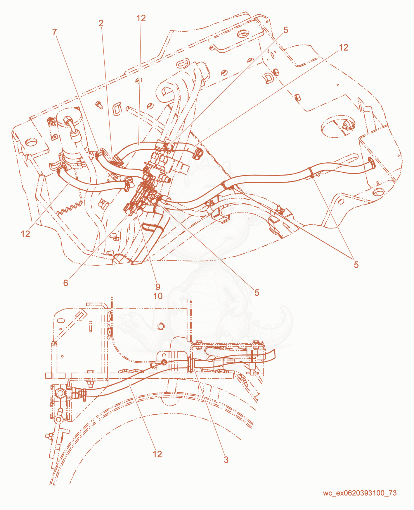 Exploded parts diagram of the Front Water Hose Routing of a Wacker Neuson RD27-120, with numbered balloons
