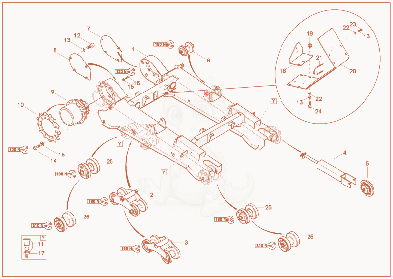 Exploded parts diagram of the TRACKLAYING GEAR of a Wacker Neuson TD18, with numbered balloons