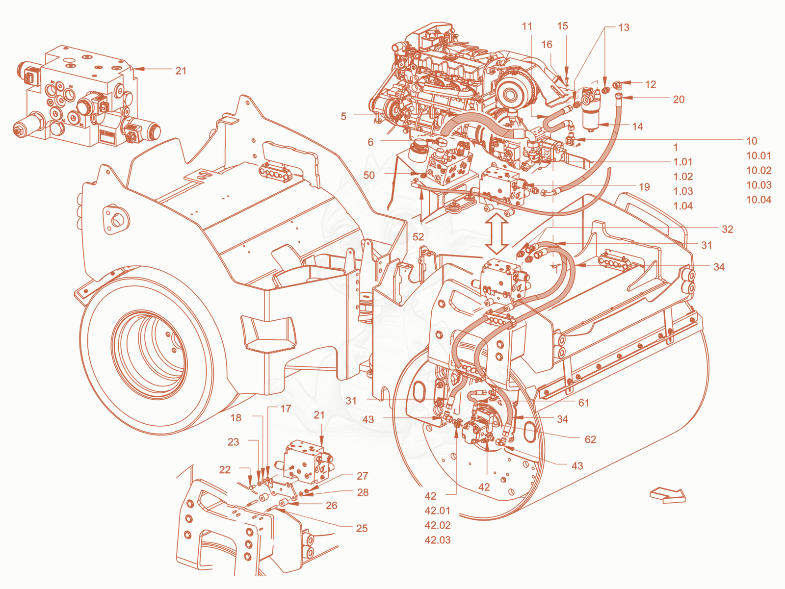 Exploded parts diagram of the vibration drive of a Wacker Neuson RD45-140C, with numbered balloons