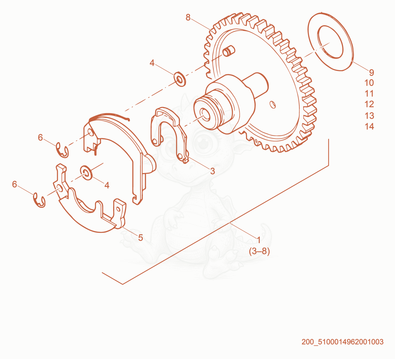 Despiece del Camshaft de una máquina Wacker Neuson PT3H, con globos numerados