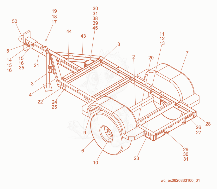 Exploded parts diagram of the Trailer Frame w/Electric Brake of a Wacker Neuson G25, with numbered balloons