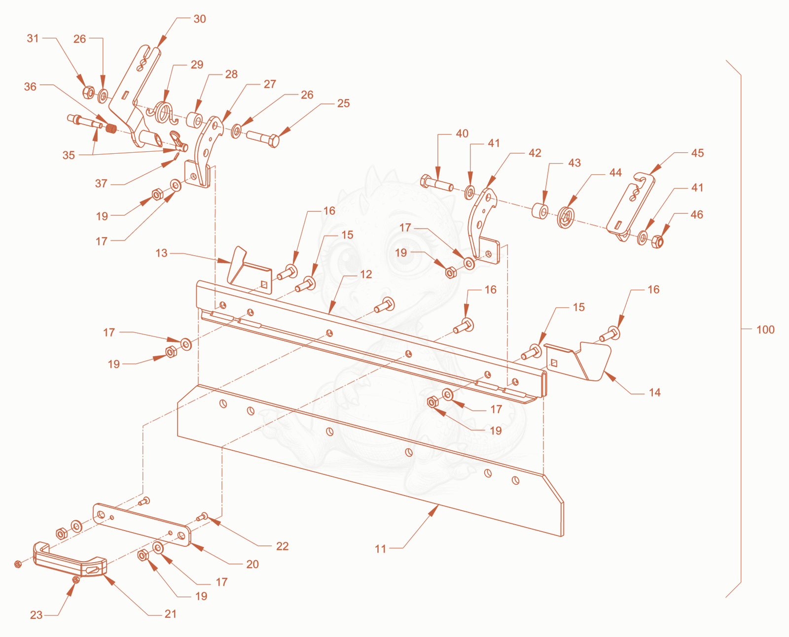 Exploded parts diagram of the foldable scraper of a Wacker Neuson RD18-80.3, with numbered balloons