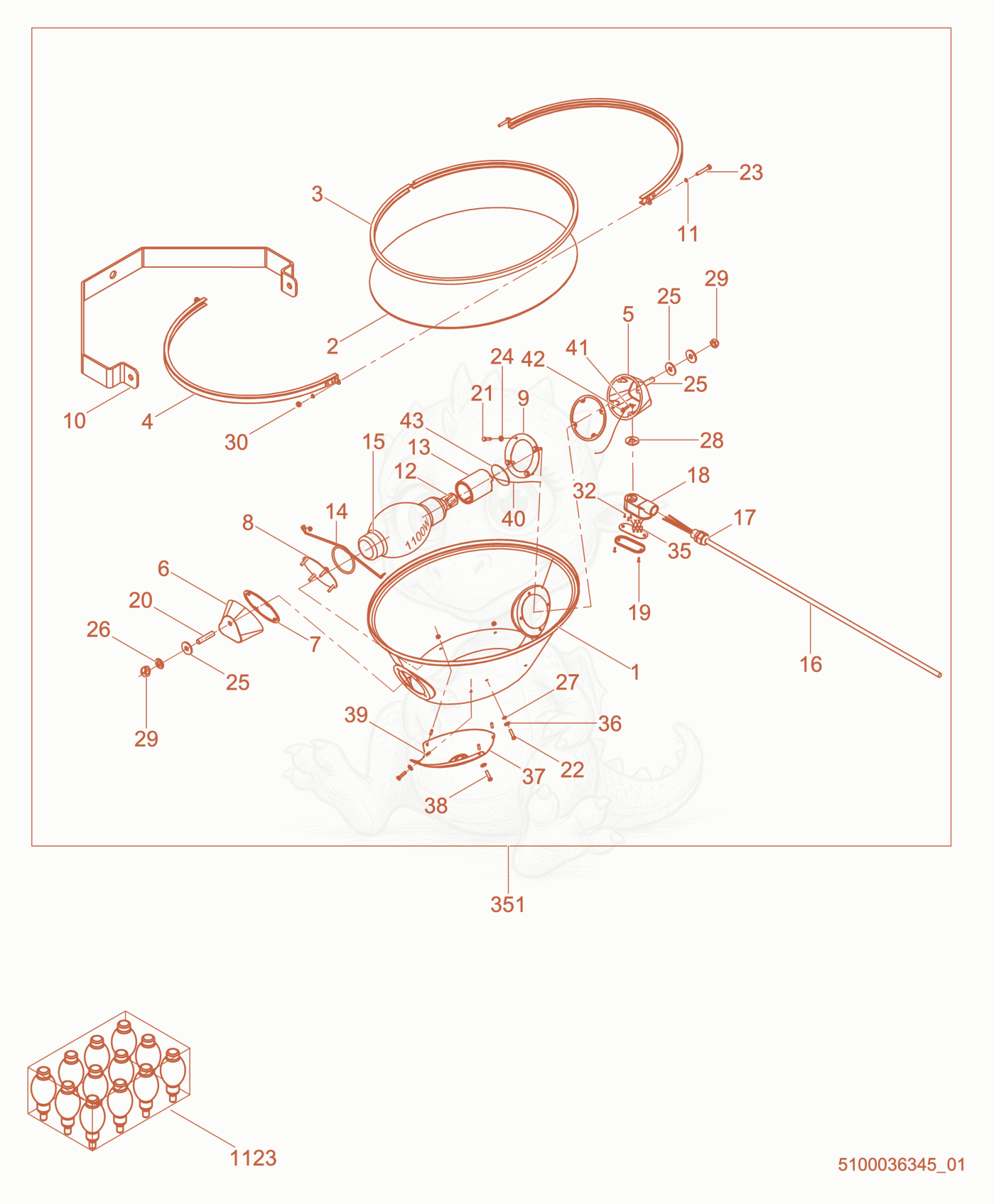 Exploded parts diagram of the Light cpl. of a Wacker Neuson LTN6K, with numbered balloons
