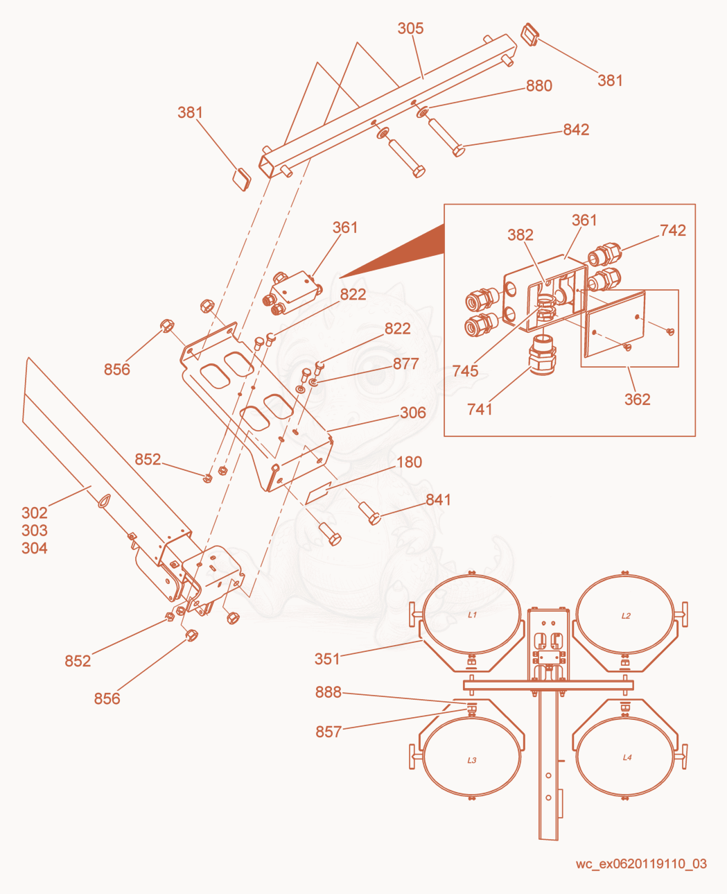 Exploded parts diagram of the Tower cpl./Connection Box of a Wacker Neuson LTN6LE, with numbered balloons