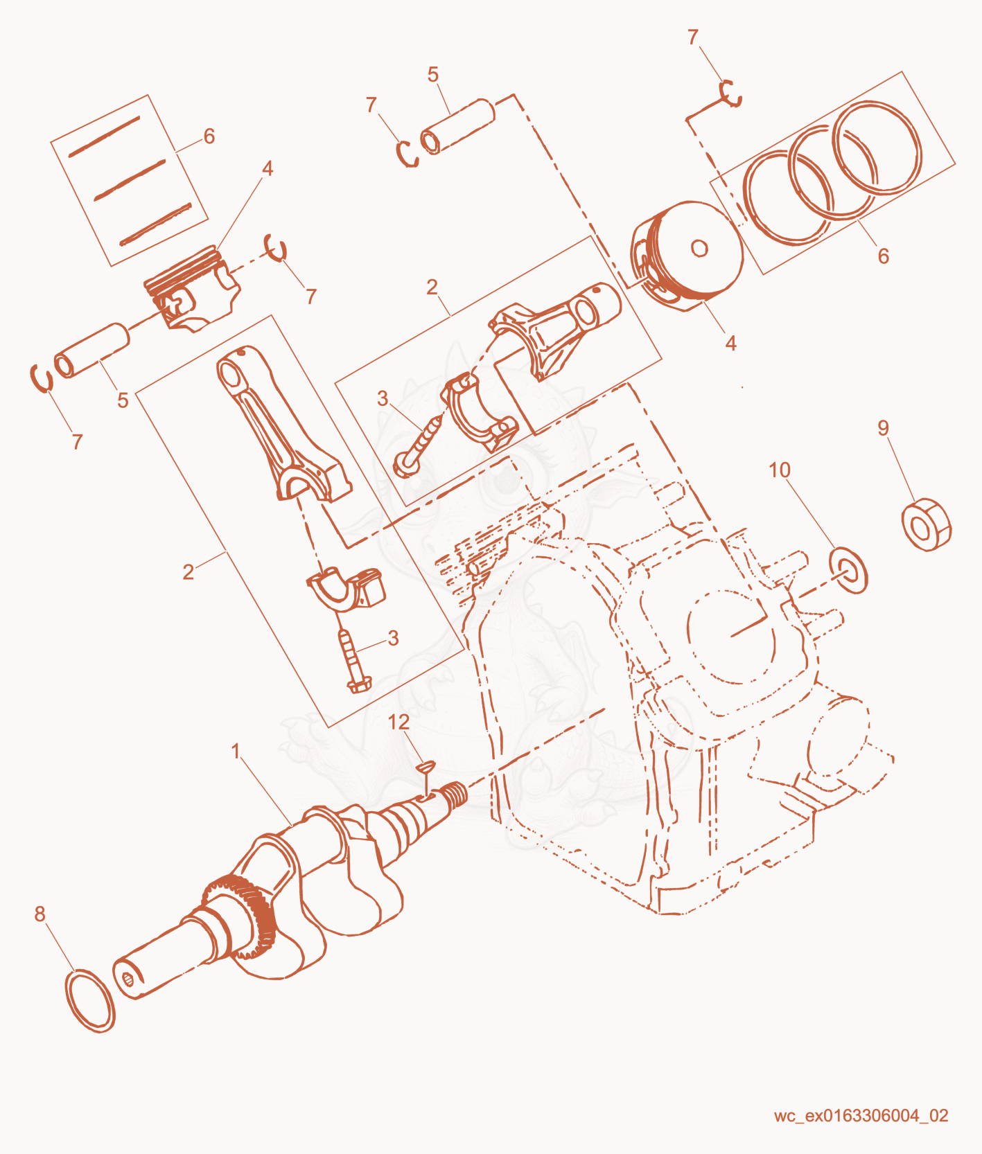 Despiece del Crankshaft de una máquina Wacker Neuson RD12-90, con globos numerados