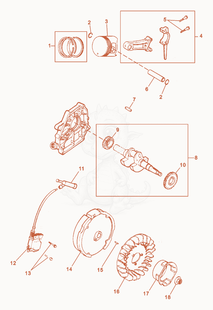 Exploded parts diagram of the Piston/Crankshaft of a Wacker Neuson SP50, with numbered balloons