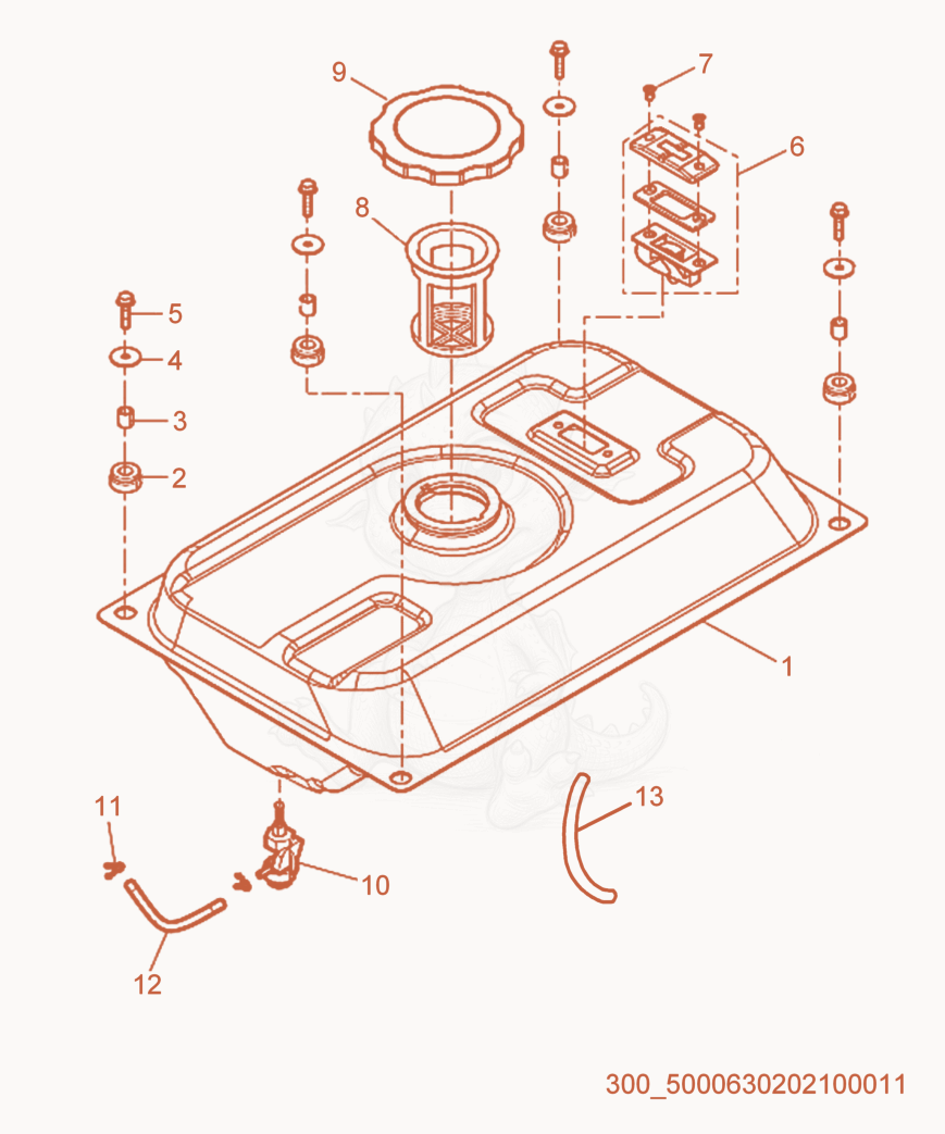 Exploded parts diagram of the Fuel Tank cpl. of a Wacker Neuson MG5SD, with numbered balloons