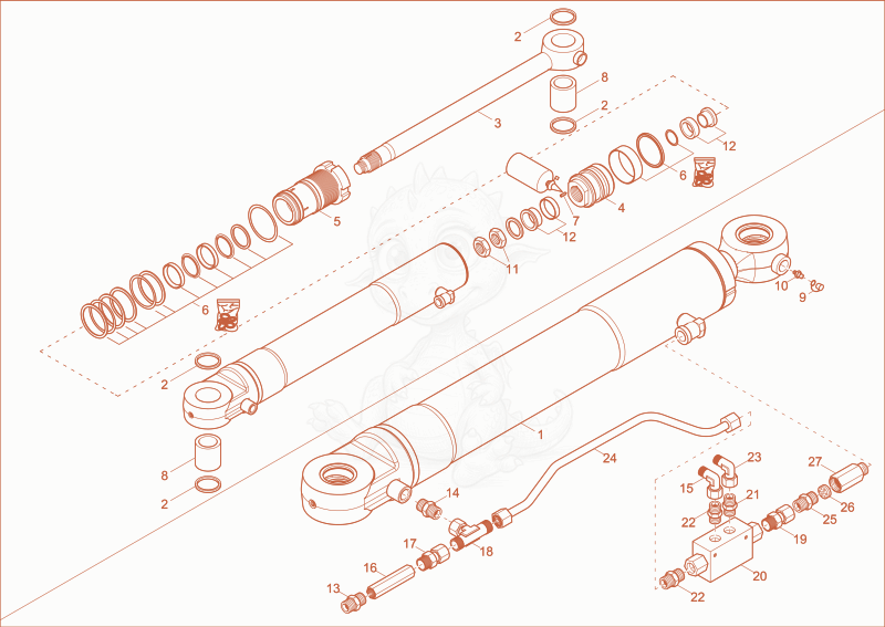 Despiece del boom offset cylinder de una máquina Wacker Neuson EZ53, con globos numerados