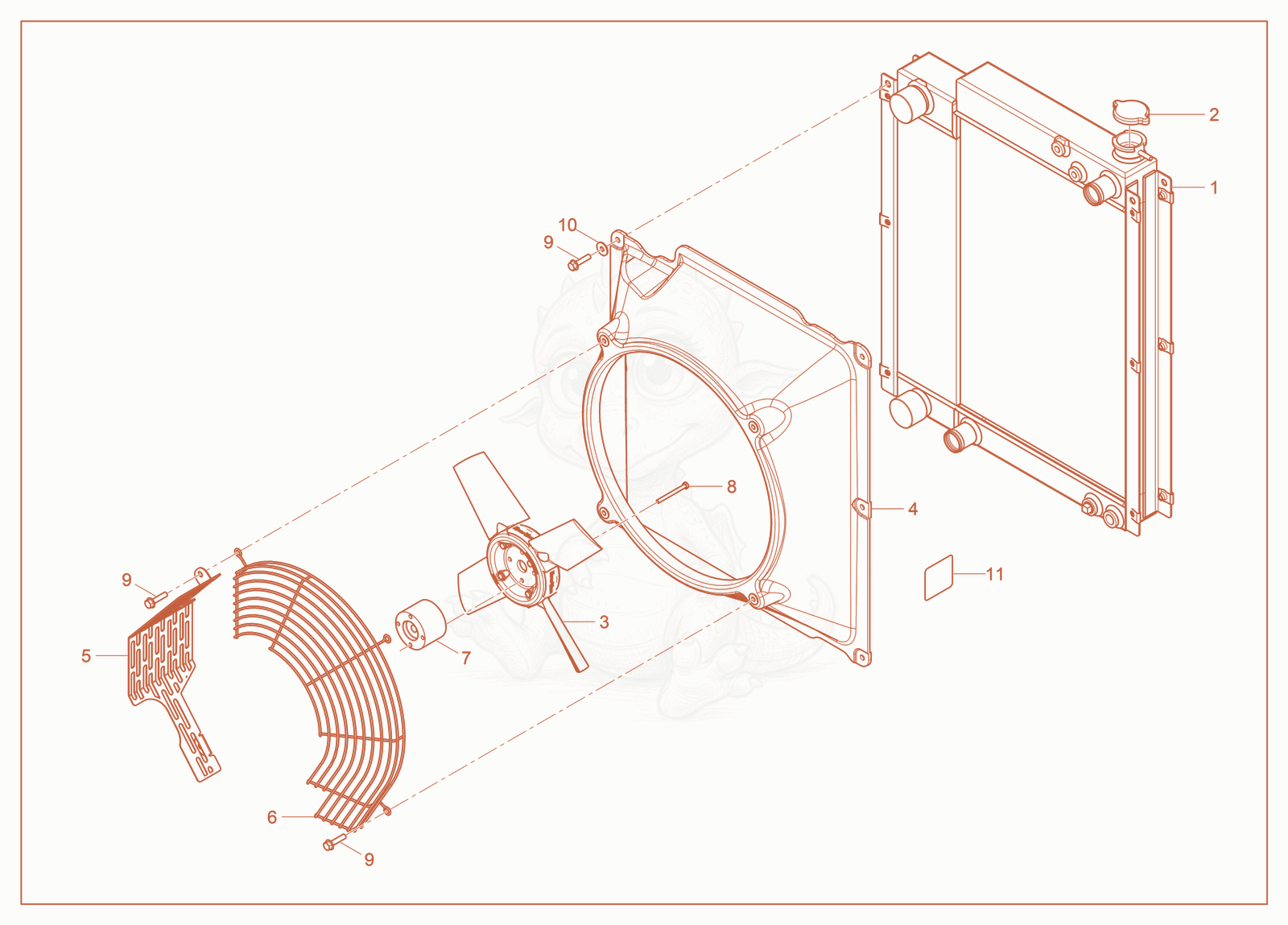 Exploded parts diagram of the Fixed Fan Cooling of a Wacker Neuson LTG14, with numbered balloons