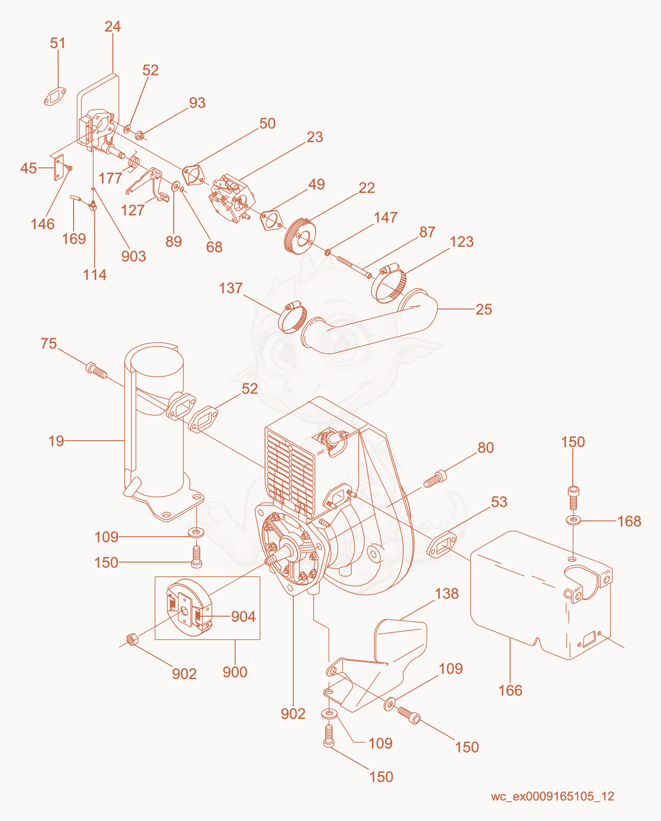 Despiece del Engine cpl. de una máquina Wacker Neuson BS500-OI, con globos numerados