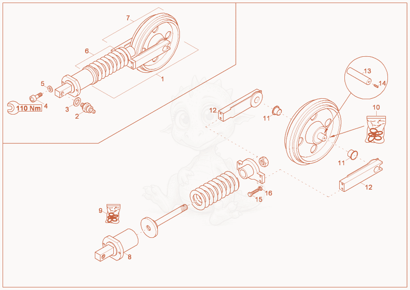 Despiece del track tensioner complete de una máquina Wacker Neuson 5002RD, con globos numerados