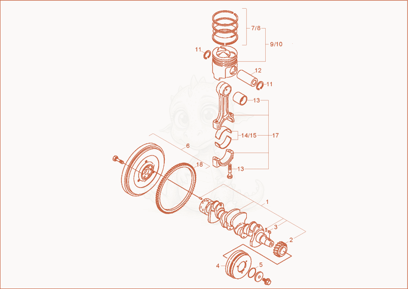 Despiece del crankshaft, piston de una máquina Wacker Neuson 12002RD, con globos numerados