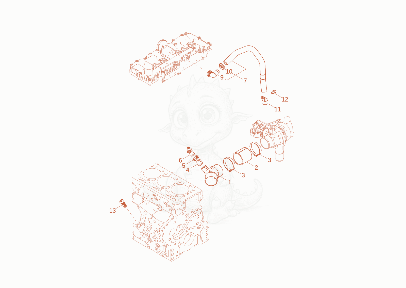 Exploded parts diagram of the crankcase breather of a Wacker Neuson EW100-2, with numbered balloons