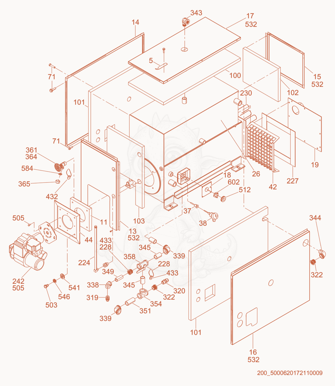 Exploded parts diagram of the Hydronic heater cpl. of a Wacker Neuson E1100, with numbered balloons