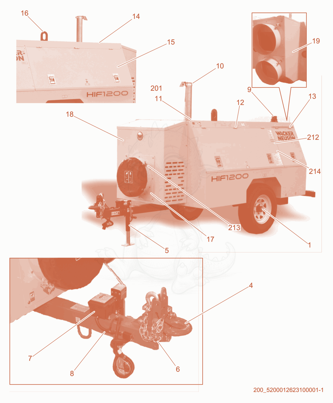 Exploded parts diagram of the Trailer/Enclosure cpl. of a Wacker Neuson HIF1200, with numbered balloons