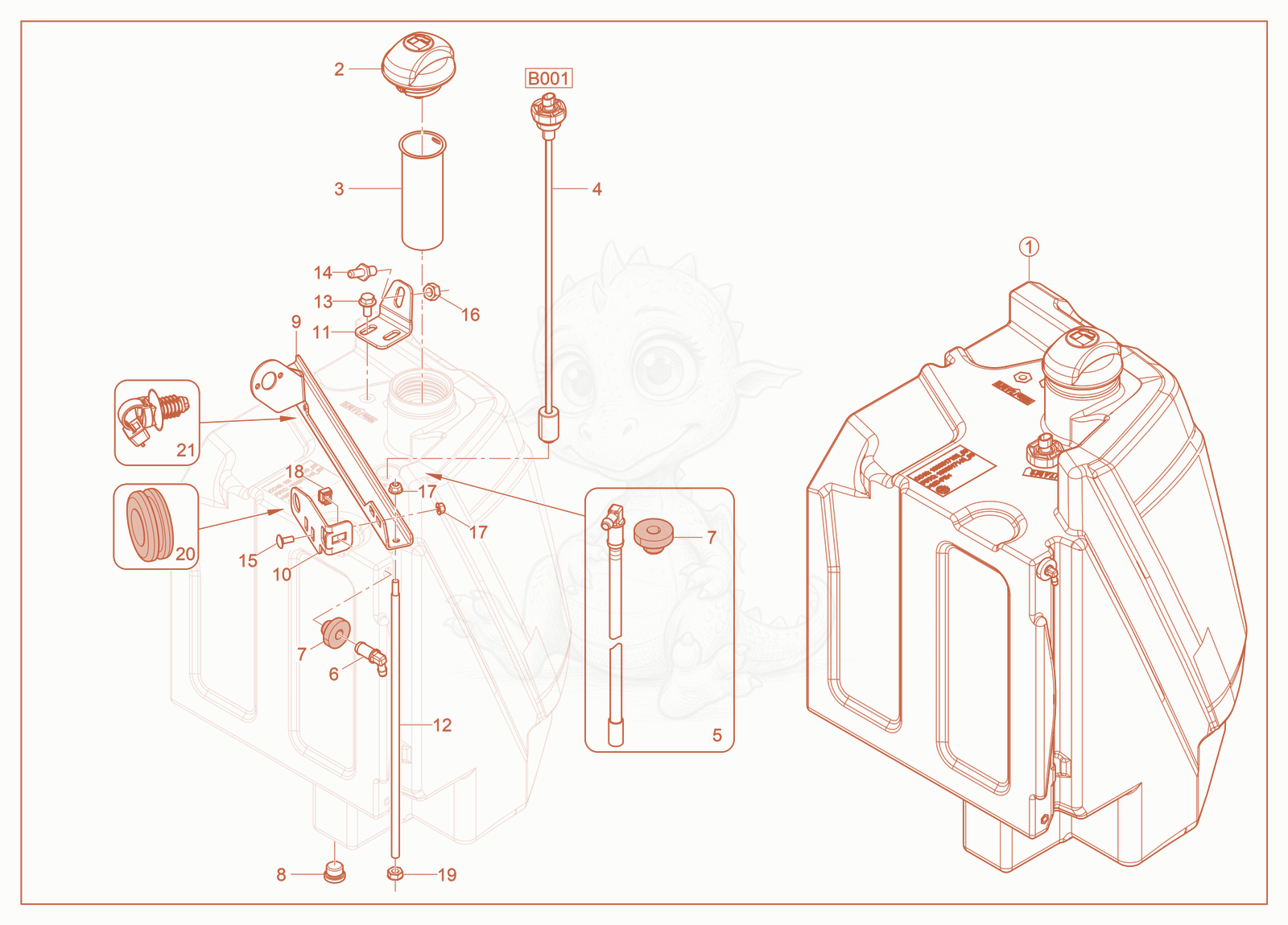 Exploded parts diagram of the Fuel Tank of a Wacker Neuson ET40(E33-01), with numbered balloons