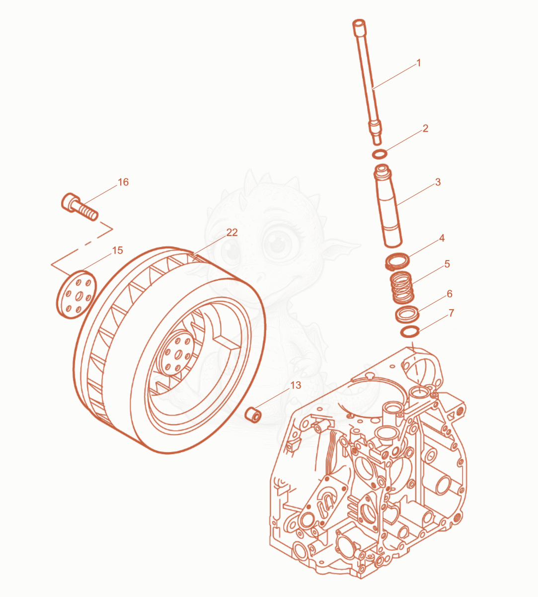 Despiece del Push rod, Fly wheel de una máquina Wacker Neuson RD7HF, con globos numerados