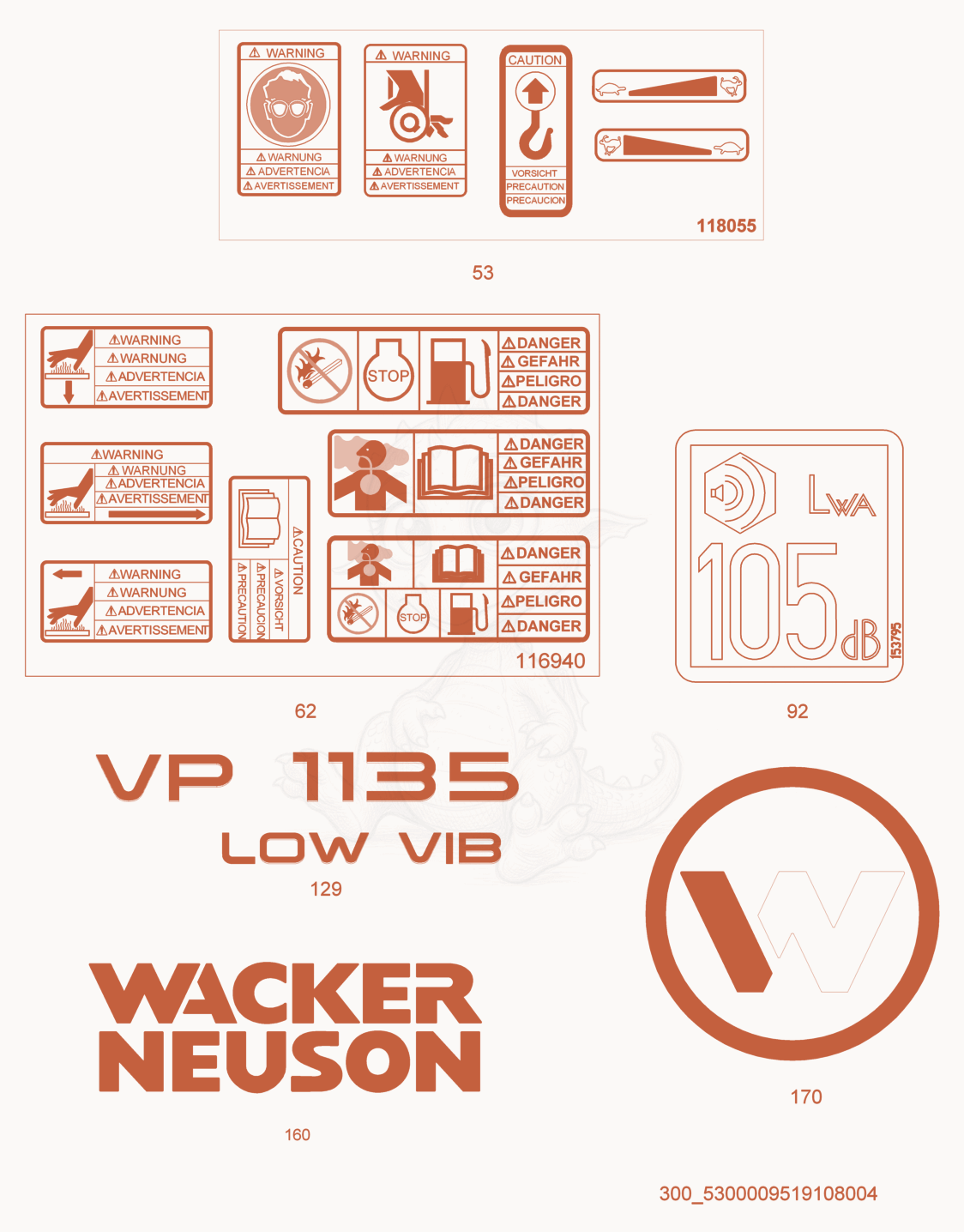 Exploded parts diagram of the Labels of a Wacker Neuson AP1135A, with numbered balloons