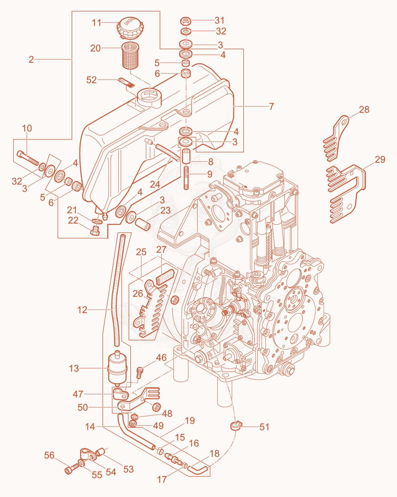 Exploded parts diagram of the Fuel System of a Wacker Neuson DPU6055, with numbered balloons