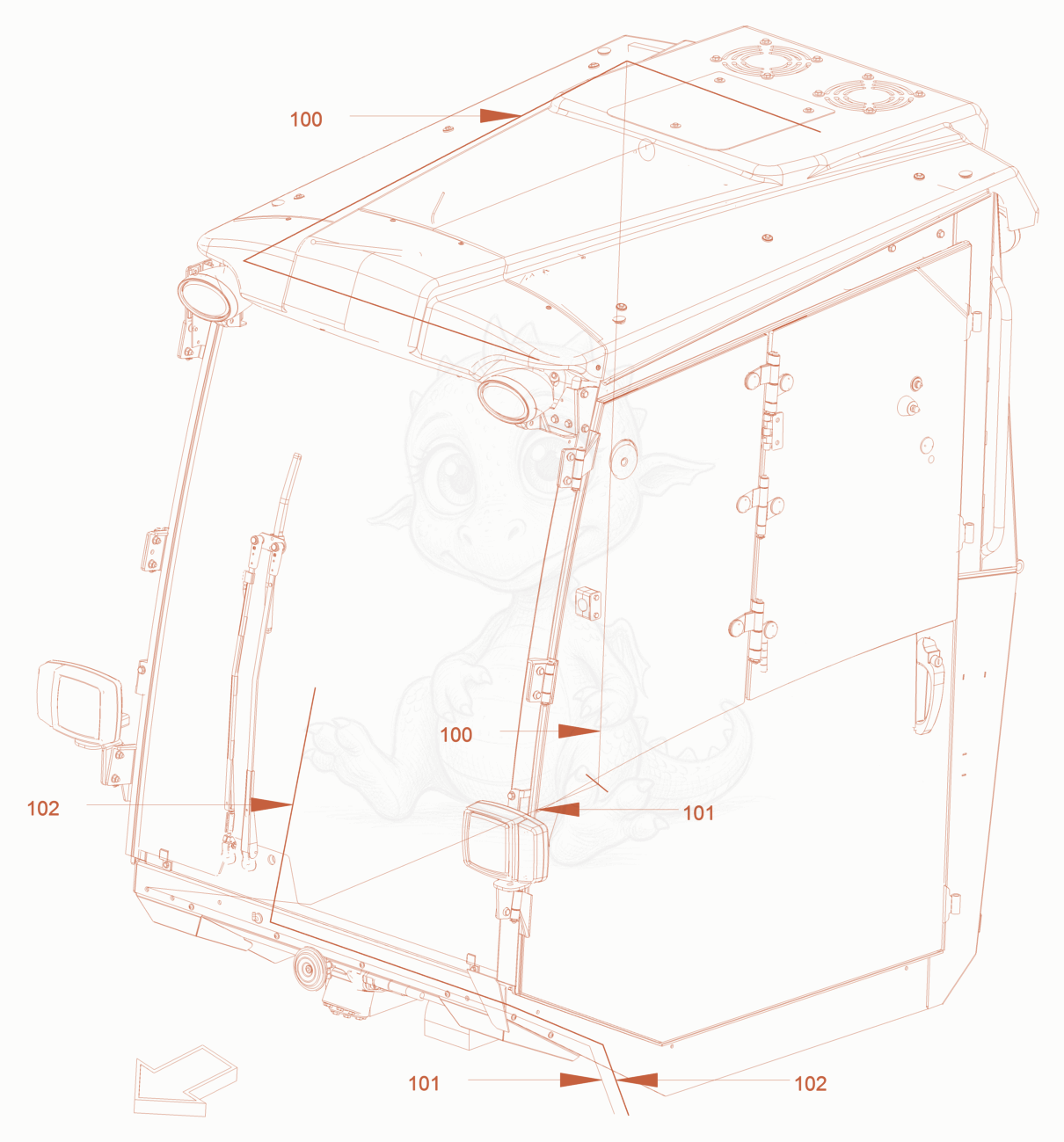 Exploded parts diagram of the driver's cabin of a Wacker Neuson RC50P, with numbered balloons