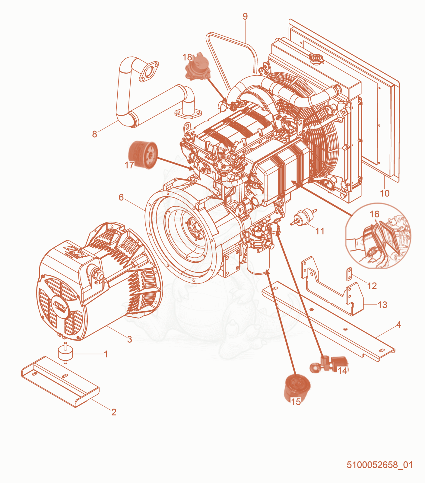 Despiece del Engine support de una máquina Wacker Neuson LTS8L, con globos numerados