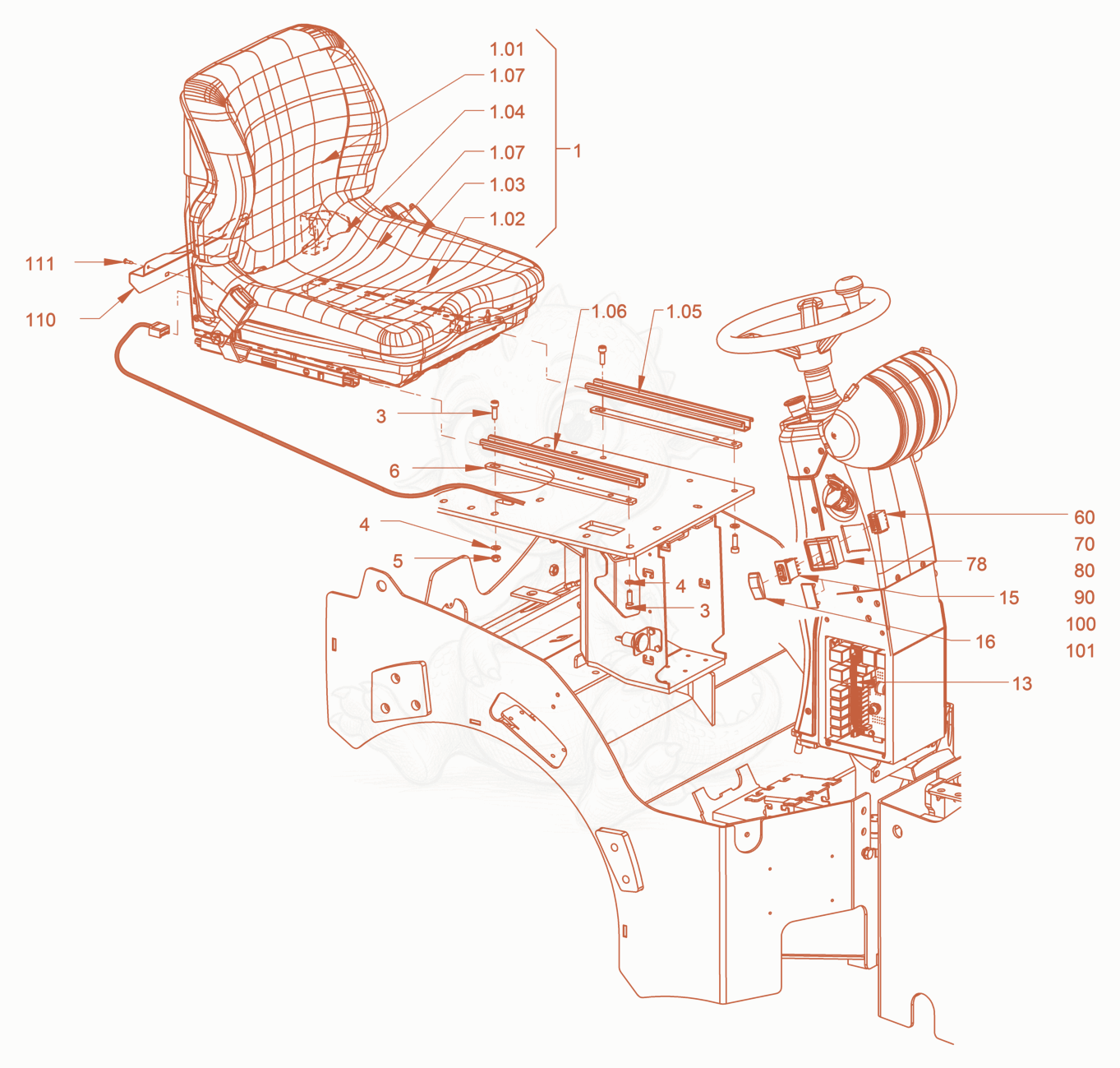 Exploded parts diagram of the operator's seat withseat heating of a Wacker Neuson RD18-100C, with numbered balloons