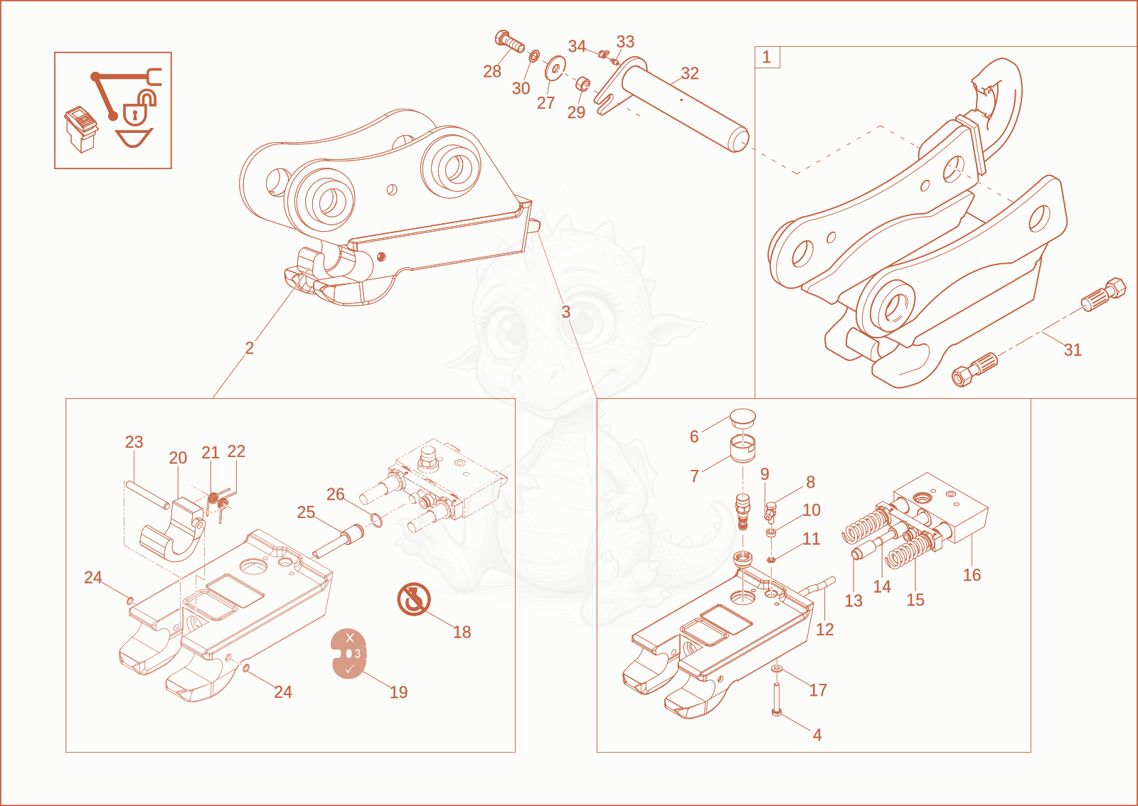 Exploded parts diagram of the quick hitch (OPTION) of a Wacker Neuson EW65, with numbered balloons
