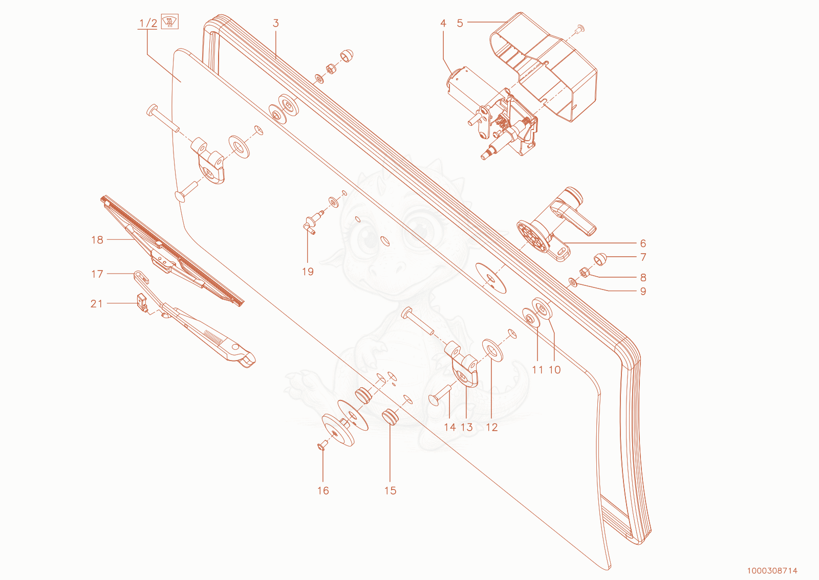 Exploded parts diagram of the rear window of a Wacker Neuson TH735(415-06), with numbered balloons