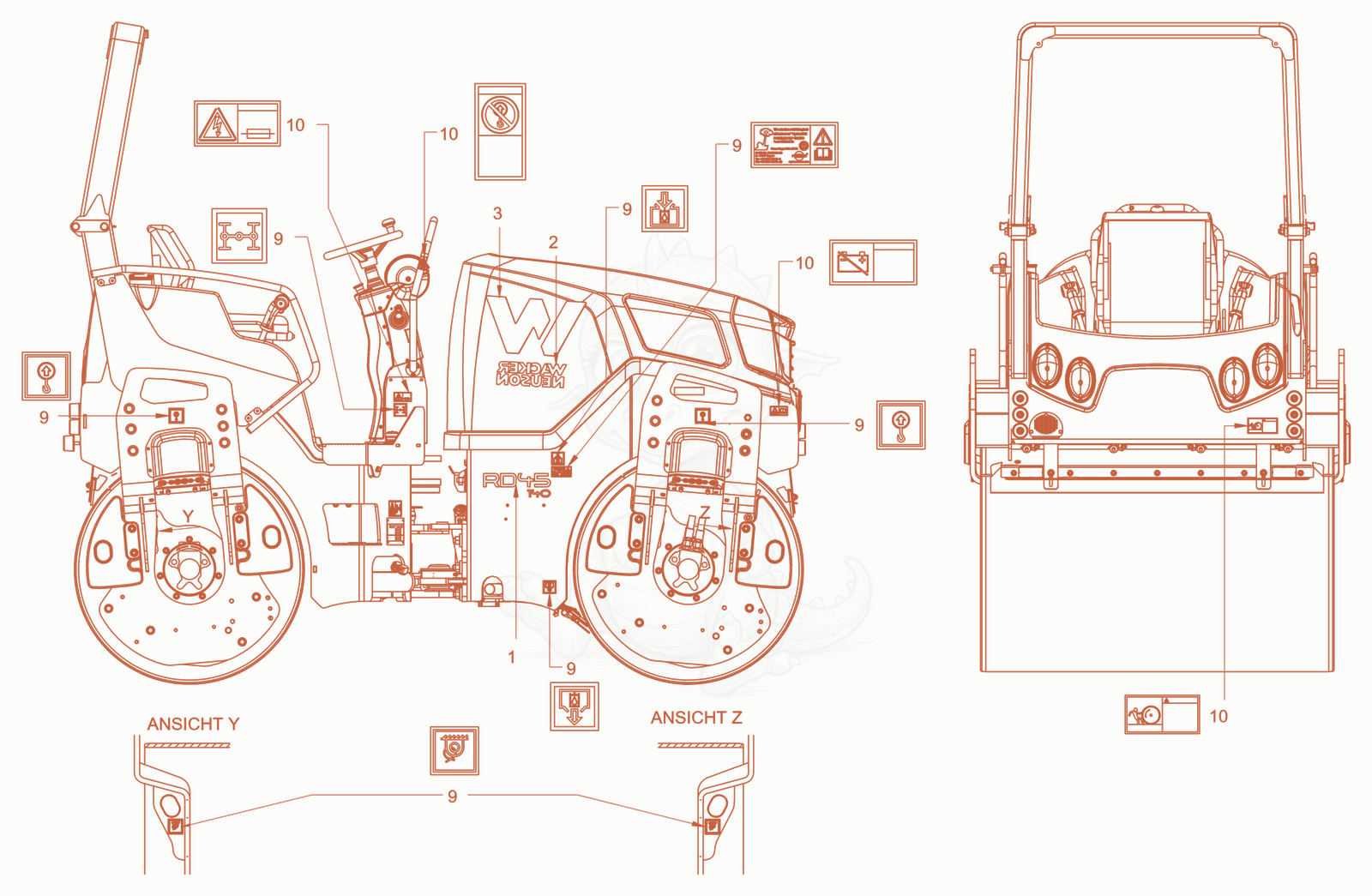 Exploded parts diagram of the sticker arrangement of a Wacker Neuson RD40-130US, with numbered balloons