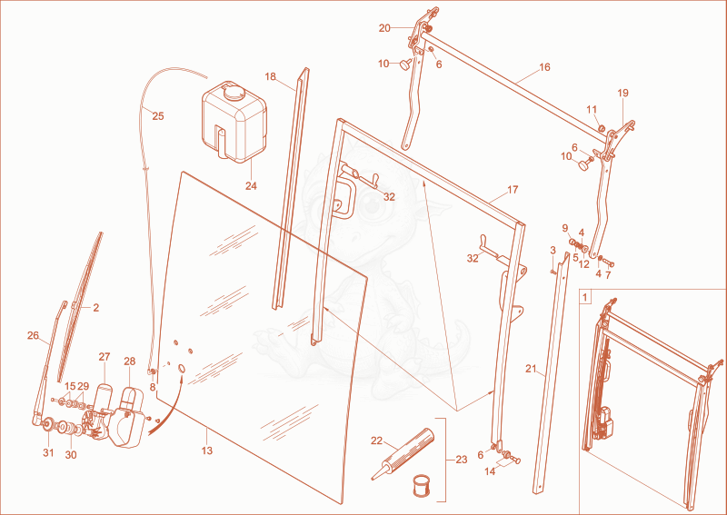 Exploded parts diagram of the front window of a Wacker Neuson 1404, with numbered balloons