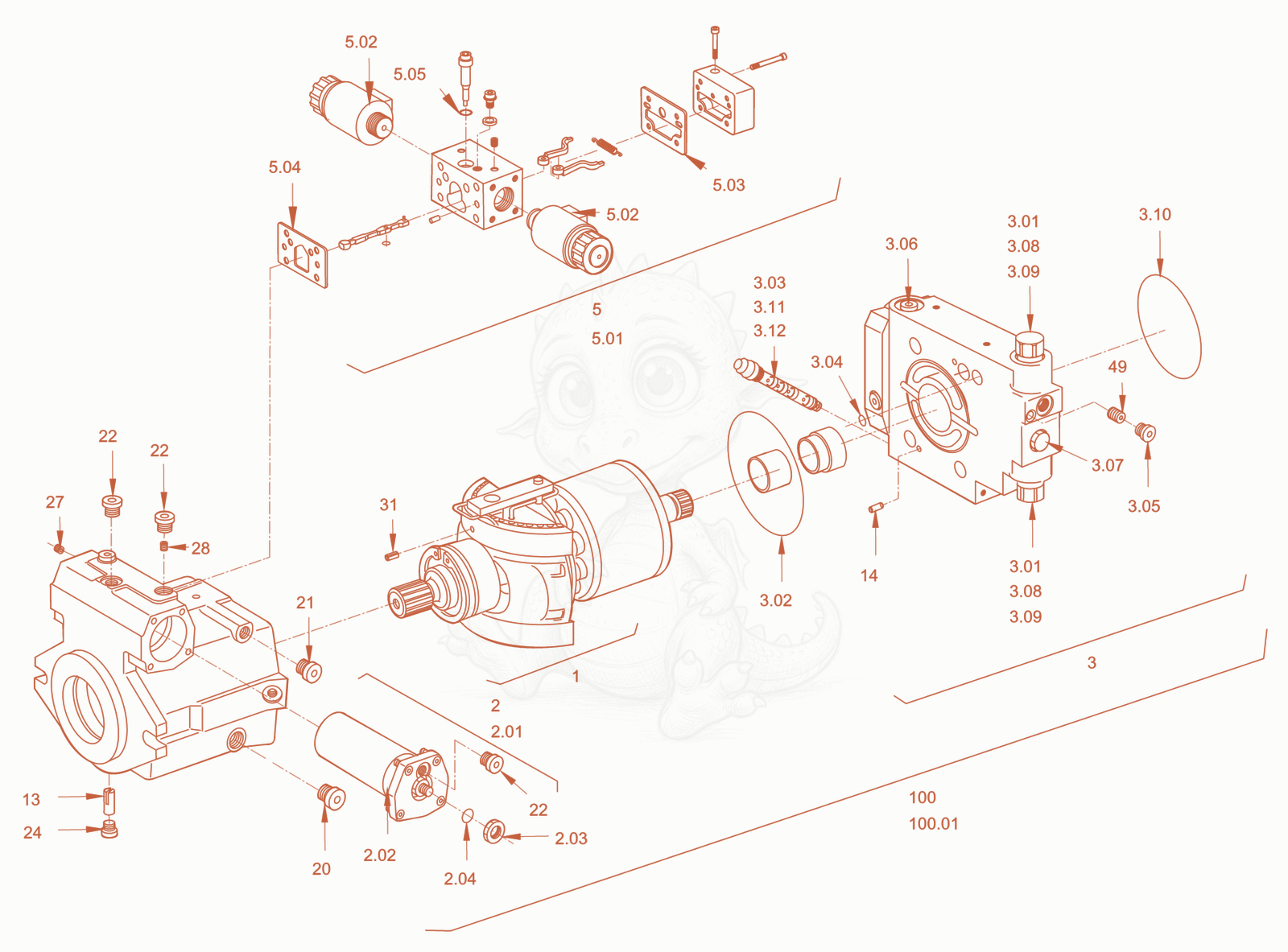 Exploded parts diagram of the variable displac. pump (vibr.) of a Wacker Neuson RC110PUSROPS, with numbered balloons
