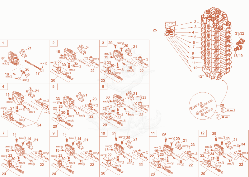 Exploded parts diagram of the CONTROL VALVE 2 of a Wacker Neuson ET65, with numbered balloons