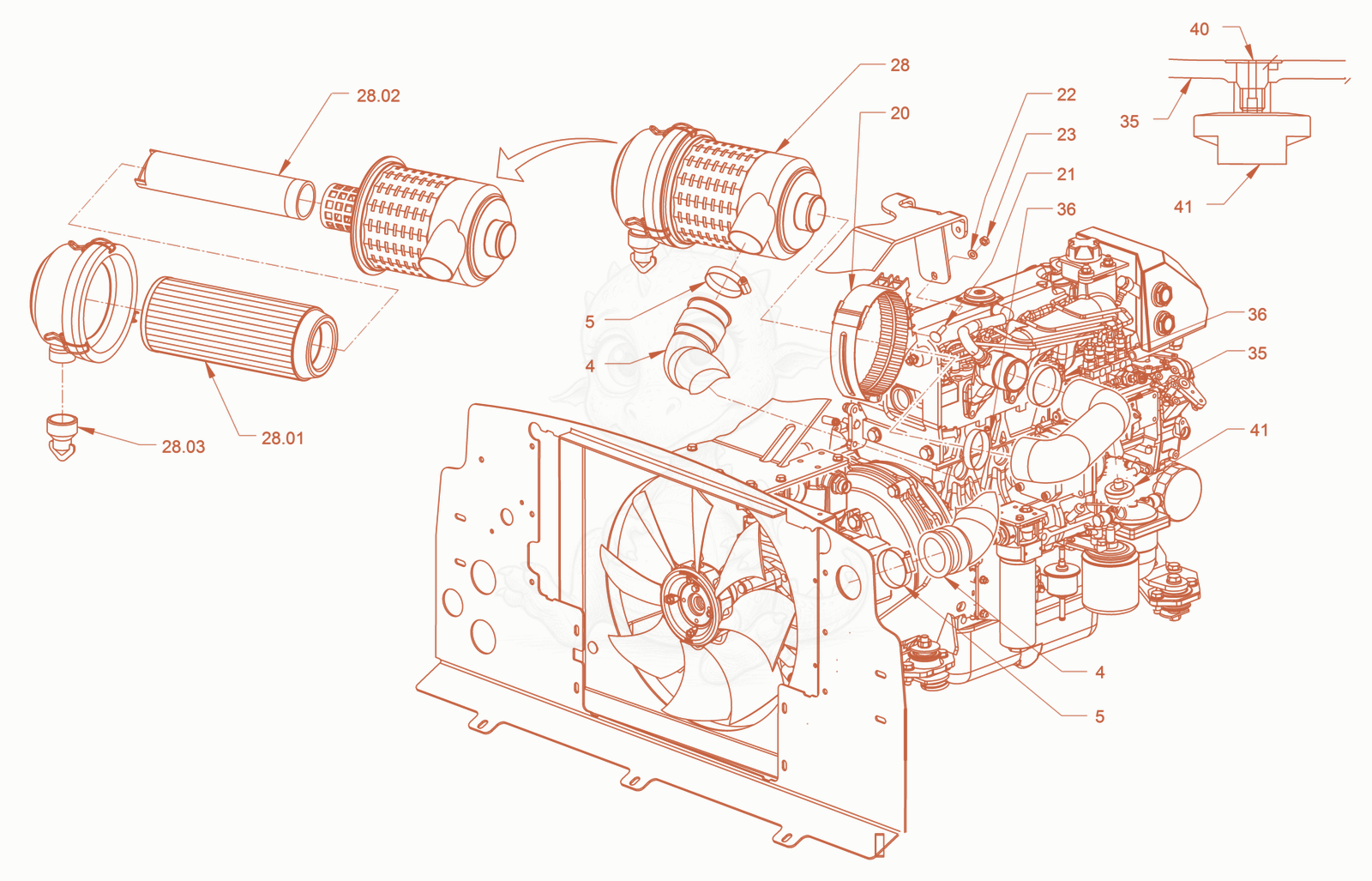 Exploded parts diagram of the air filter system of a Wacker Neuson RD40-130C.3, with numbered balloons
