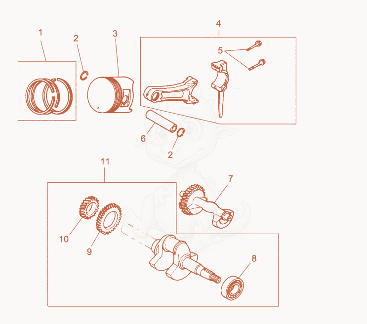Exploded parts diagram of the Piston/Crankshaft of a Wacker Neuson GS4.6A, with numbered balloons