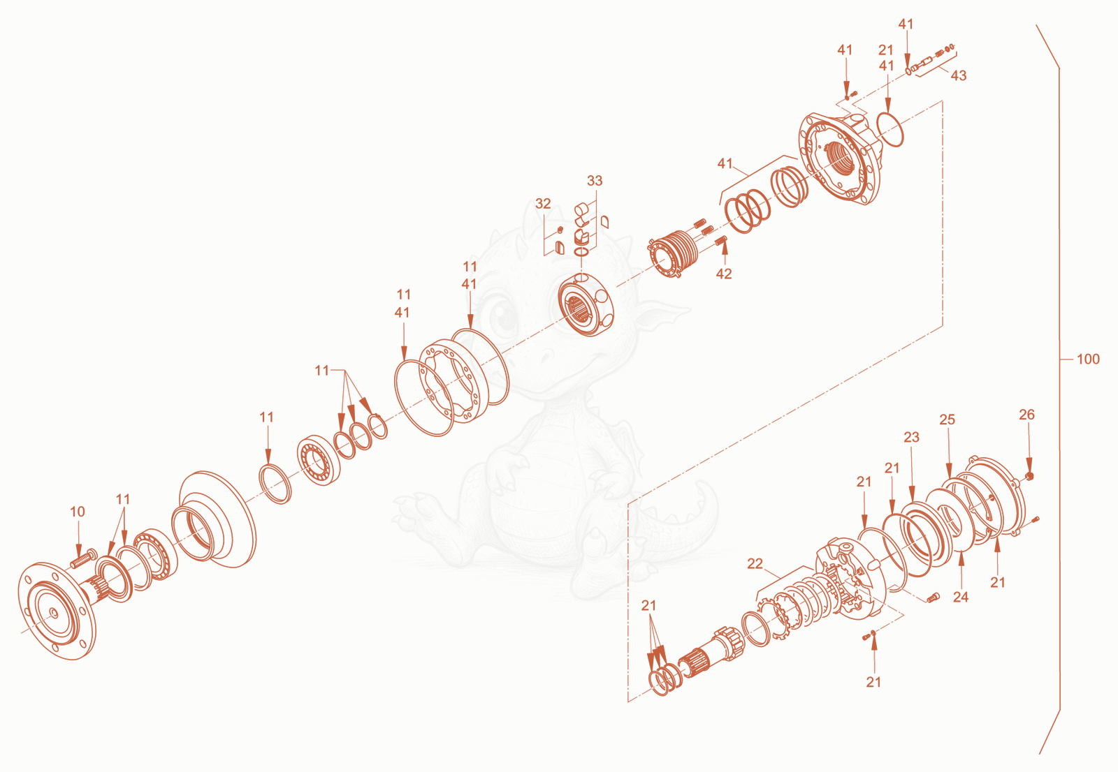 Exploded parts diagram of the gear hub motor of a Wacker Neuson RC70VOUS, with numbered balloons