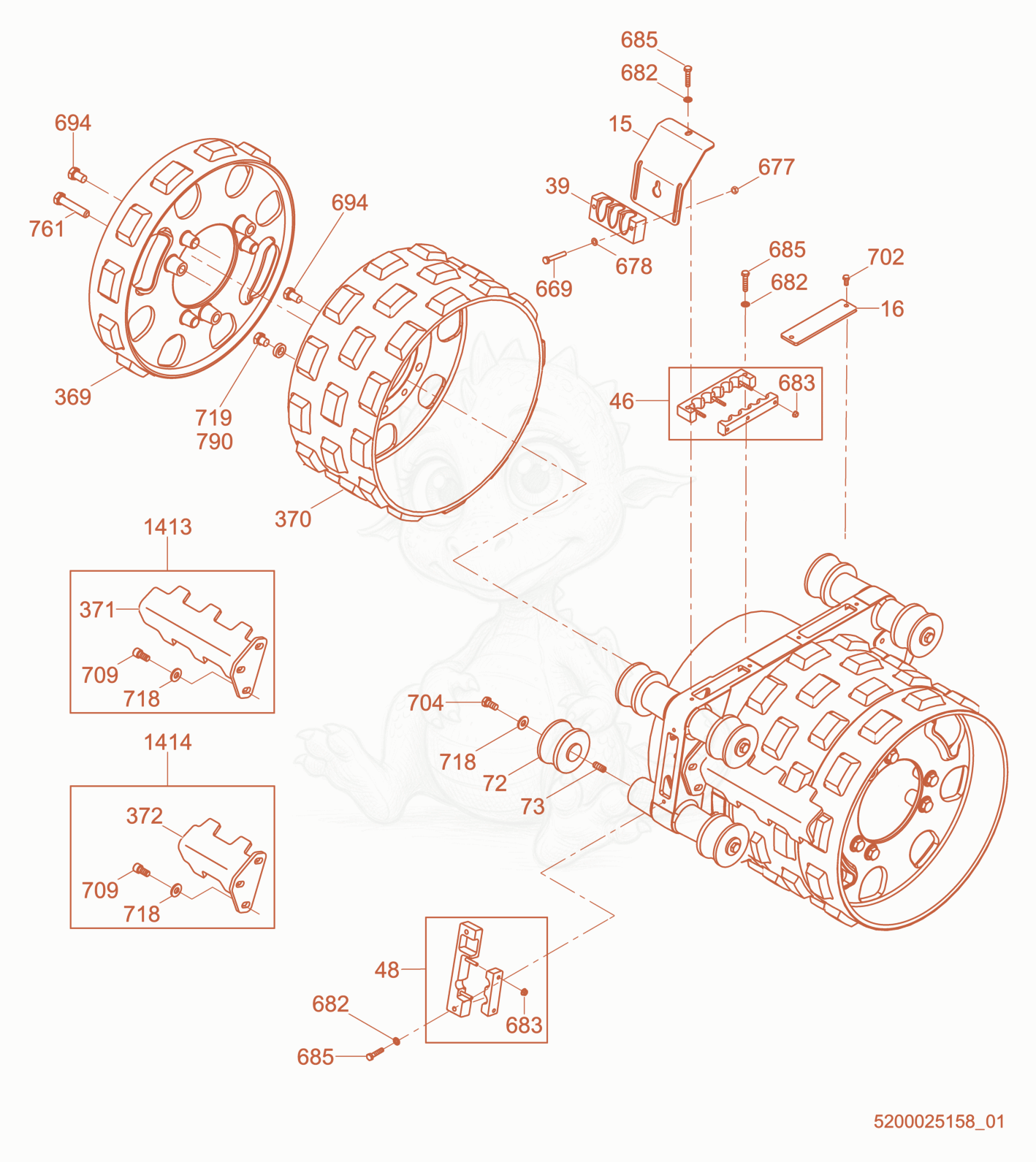 Exploded parts diagram of the Front Drum of a Wacker Neuson RTKX-SC3, with numbered balloons